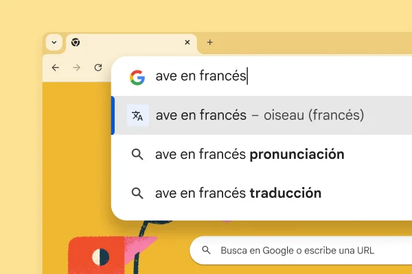 La página de la Búsqueda de Google con una imágen de un pájaro y la búsqueda de “ave en francés” con un resultado que indica “oiseau”